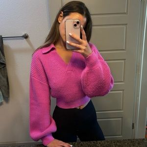 Zara Pink Knit Cropped Balloon Sleeve Sweater